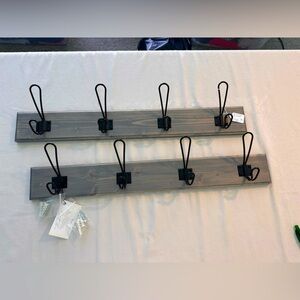 Gray Stained Wood W/Black Iron Double Pronged Metal Hooks Set of 4 Hooks (x 2)